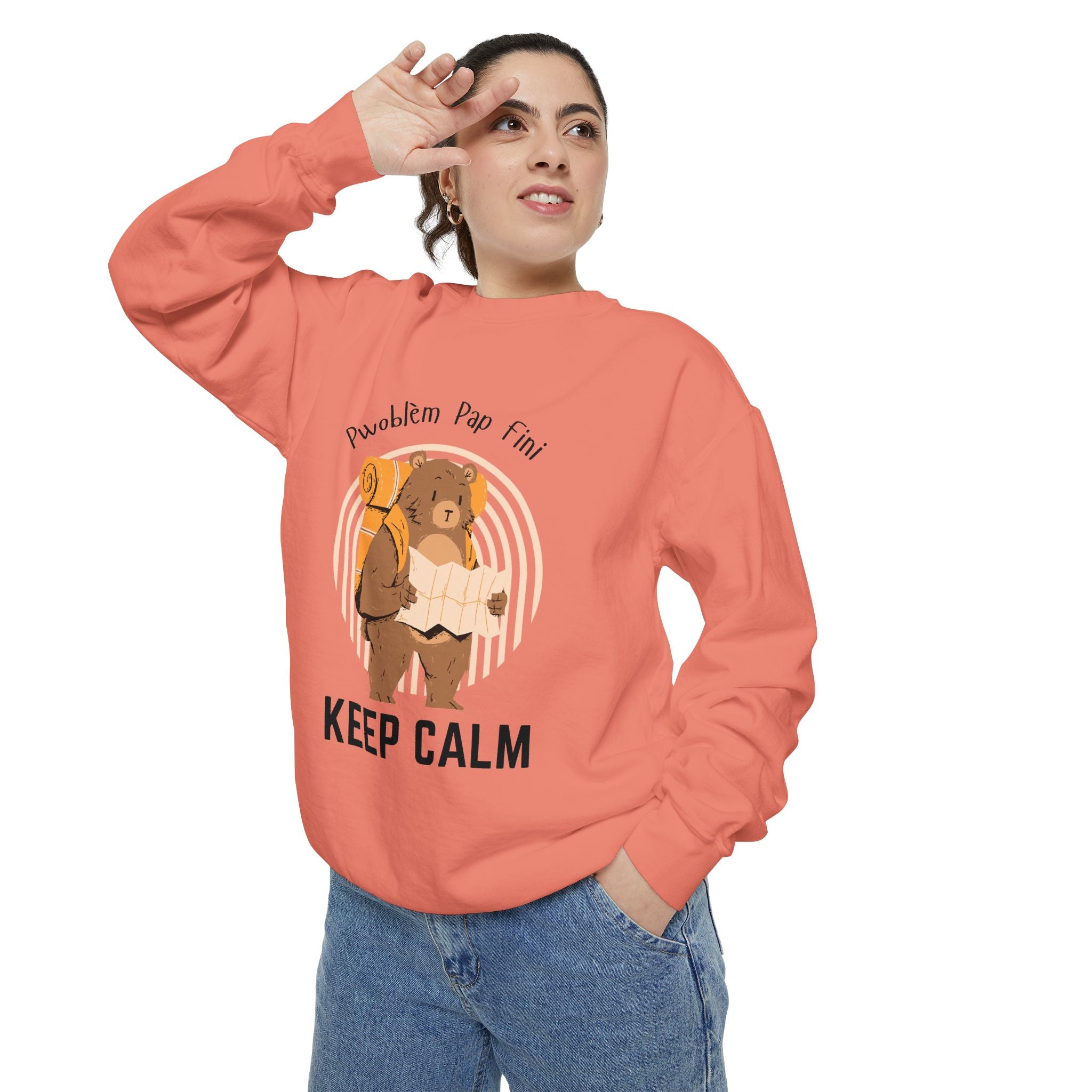 Pwoblem Pap Fini Keep Calm Sweatshirt – Haitian Creole Inspirational Sweater – Unisex Relaxed Fit Fleece