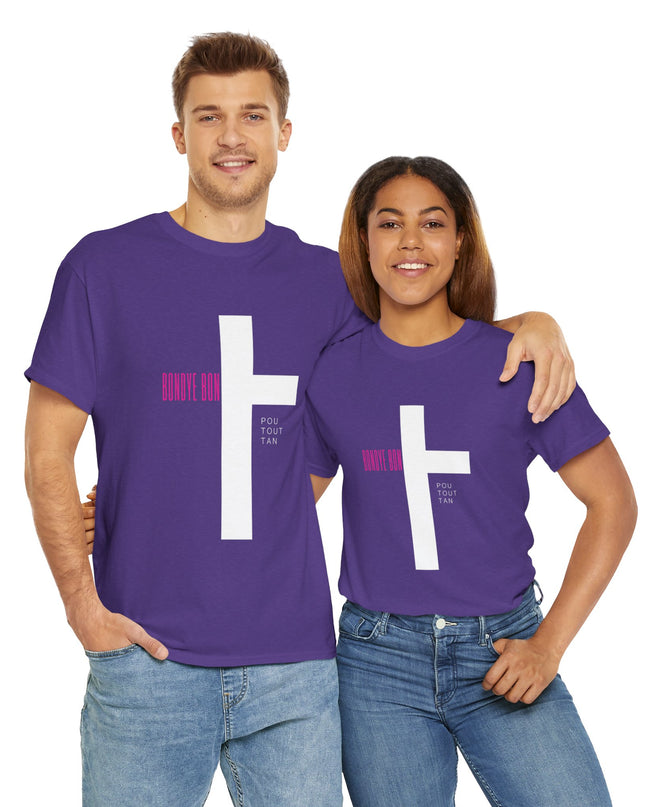 Bondye Bon Pou Toutan T-Shirt - Christian Haitian Faith Tee - Inspirational Gospel Apparel with Cross Graphic Unisex Heavy Cotton Tee - CreoleSizzle
