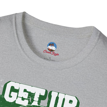 Gray t-shirt with 'GET UP' text and a brand logo on a white background