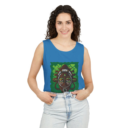 Haitian Paradise Tank Top Afro Haitian Mask Graphic Shirt Unisex Summer Beachwear Cultural Festival Outfit Ancestral Inspired Apparel