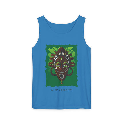 Haitian Paradise Tank Top Afro Haitian Mask Graphic Shirt Unisex Summer Beachwear Cultural Festival Outfit Ancestral Inspired Apparel