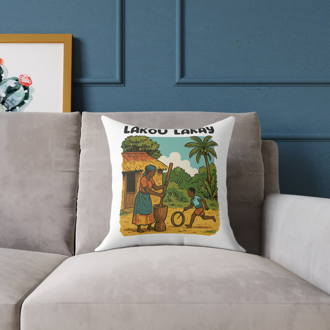 Lakou Lakay Illustrated Luxury Pillow Haitian Courtyard Memory Scene Creole Village Art - CreoleSizzle