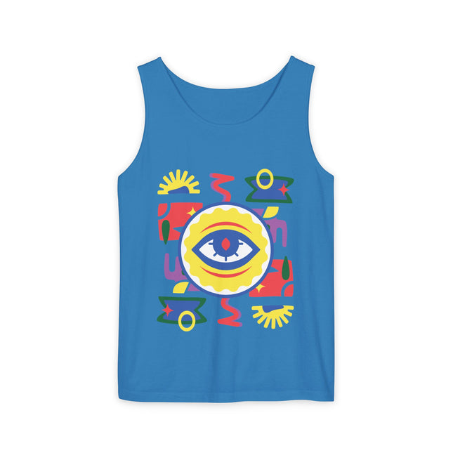 Colorful Eye Graphic Tank Top Unisex Boho Festival Shirt Spiritual Protection Design Afro-Haitian Inspired