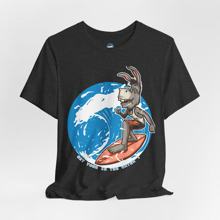Playful surfing donkey character with tropical personality Bold ocean wave artwork with bright beach energy Funny open ended phrase that creates conversation Perfect for beach lovers, vacation outfits...