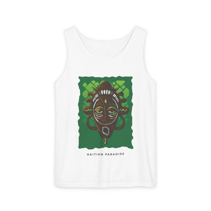Haitian Paradise Tank Top Afro Haitian Mask Graphic Shirt Unisex Summer Beachwear Cultural Festival Outfit Ancestral Inspired Apparel